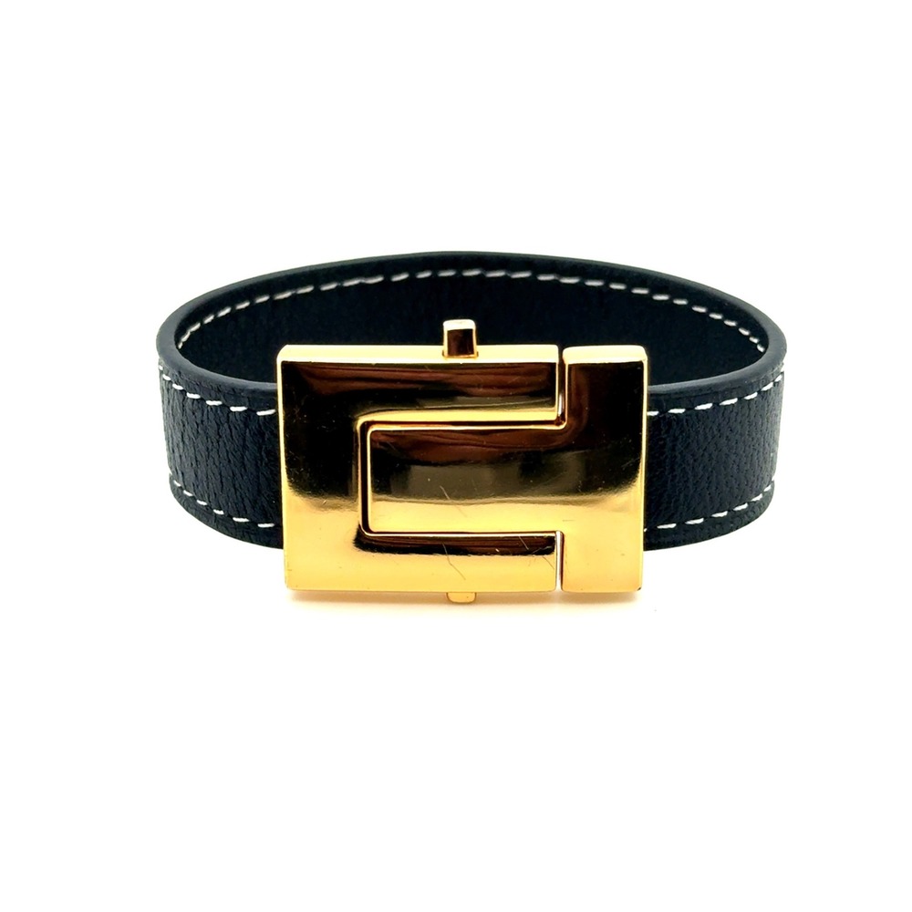 Tory Burch Black Leather‎ Wrap Bracelet Gold Logo Buckle Clasp 7.5 Inch
